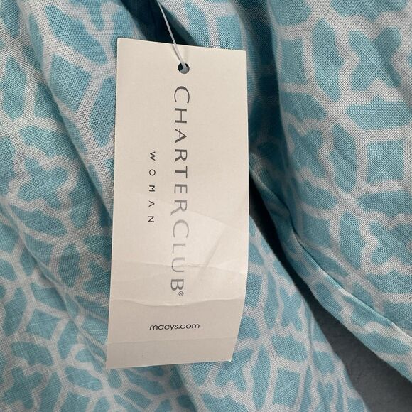 Charter Club Luxury Women’s 100% Linen 2X Blue Pattern Roll tab Sleeve Button Up - Picture 12 of 12